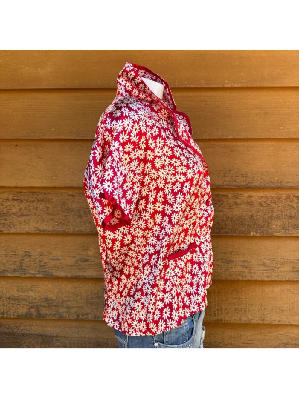 Vintage E-Sleep Red & White Daisy Print Button-Up Pajama Top 90s Medium - Picture 7 of 10